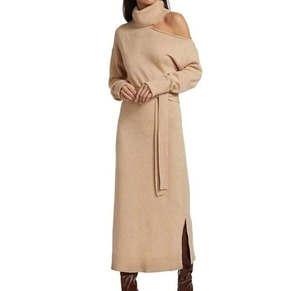 NWT Paige Raundi Shoulder Cutout Wool Blend Sweater Dress Tan Large